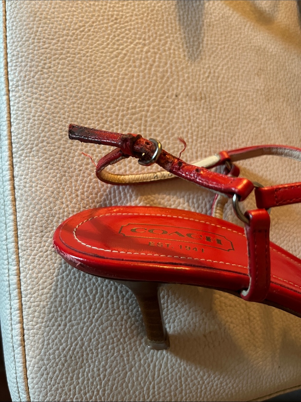 COACH Red Floral Appliqué T-Strap Sandals - Picture 7 of 7